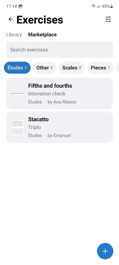 The marketplace, with exercises grouped by category